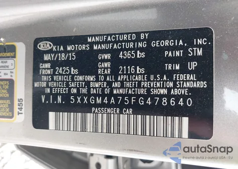 2015 Kia Optima Lx из США, поврежденный, VIN 5XXGM4A75FG478640